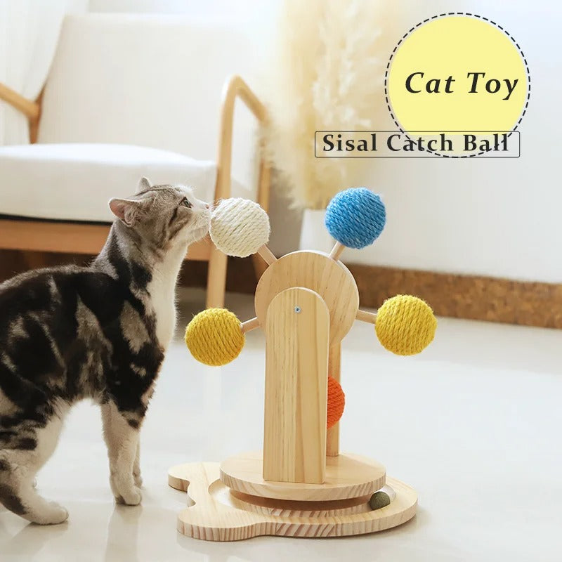 Wooden Cat Scratching Board with Sisal Ball Ferris Wheel Turntable