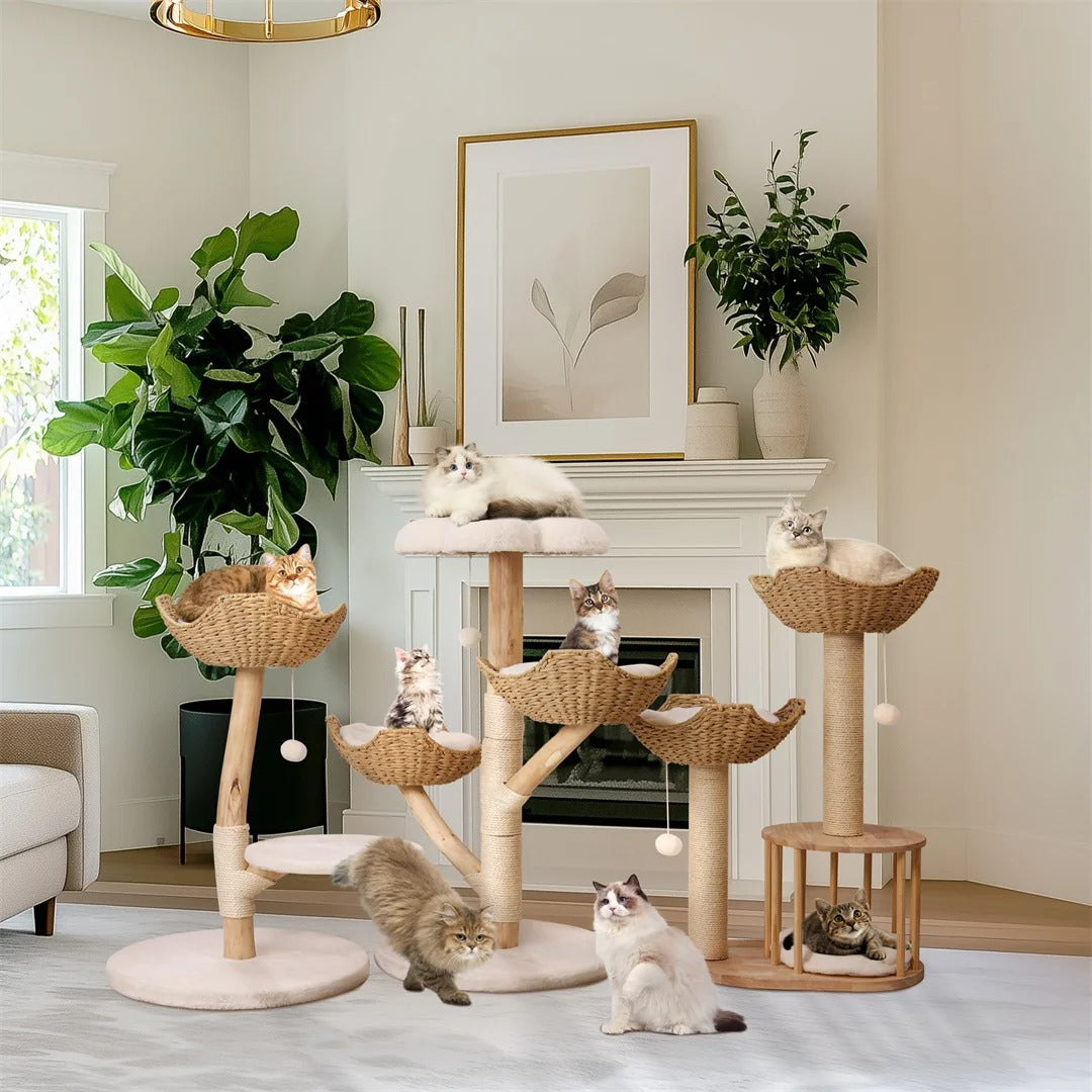 91cm Modern Solid Wood Cat Tree with Sisal Scratching Post, Cozy Beds and Toy Ball.