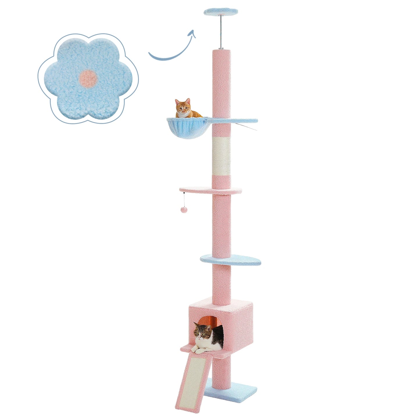 210-274cm Floor to Ceiling Cat Tower - Adjustable Height with Hammock, Condo and Scratching Post