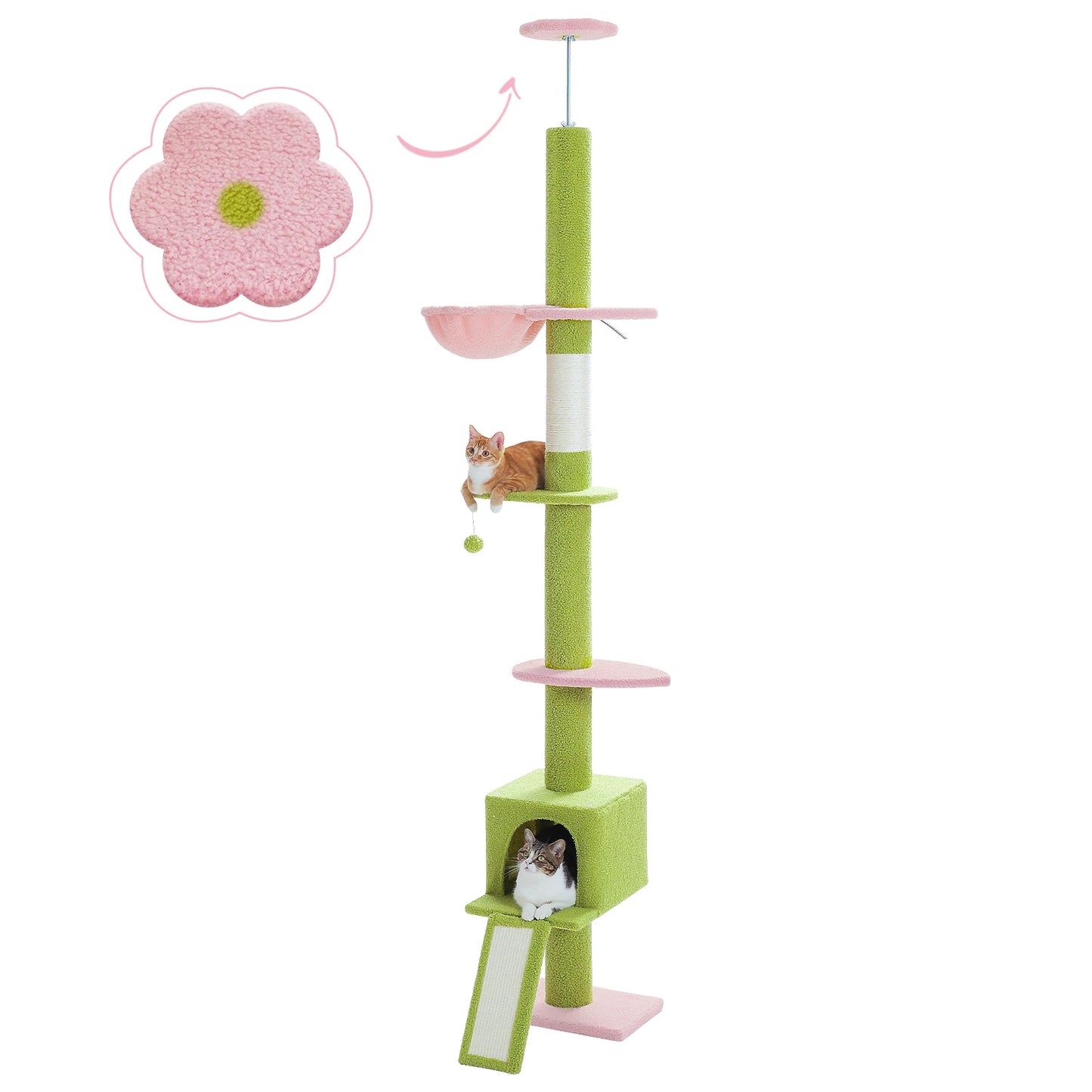 210-274cm Floor to Ceiling Cat Tower - Adjustable Height with Hammock, Condo and Scratching Post