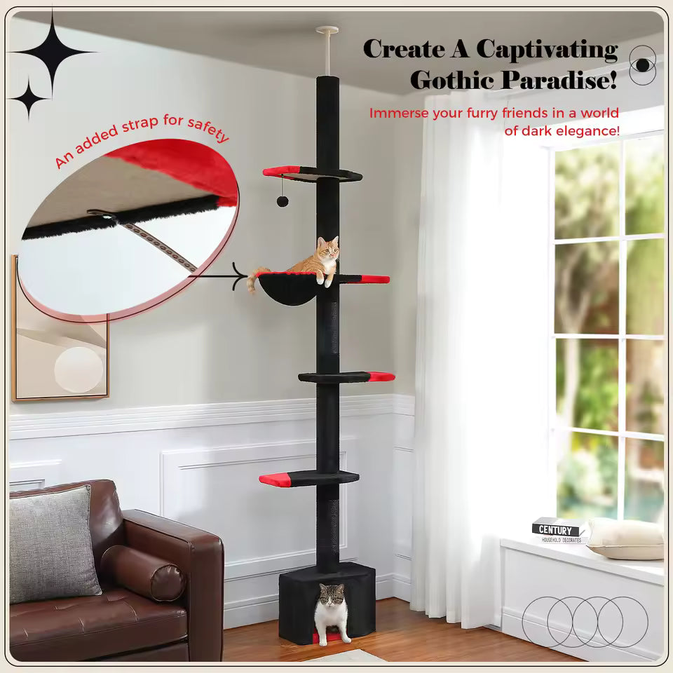 5-Tier Gothic Cat Tower - Adjustable Height with Condo, Cozy Hammock and Scratching Posts