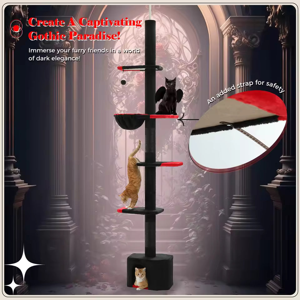 5-Tier Gothic Cat Tower - Adjustable Height with Condo, Cozy Hammock and Scratching Posts