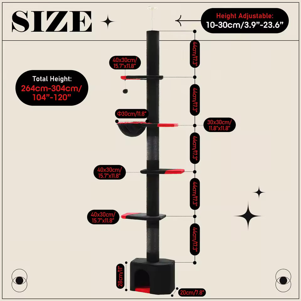 5-Tier Gothic Cat Tower - Adjustable Height with Condo, Cozy Hammock and Scratching Posts