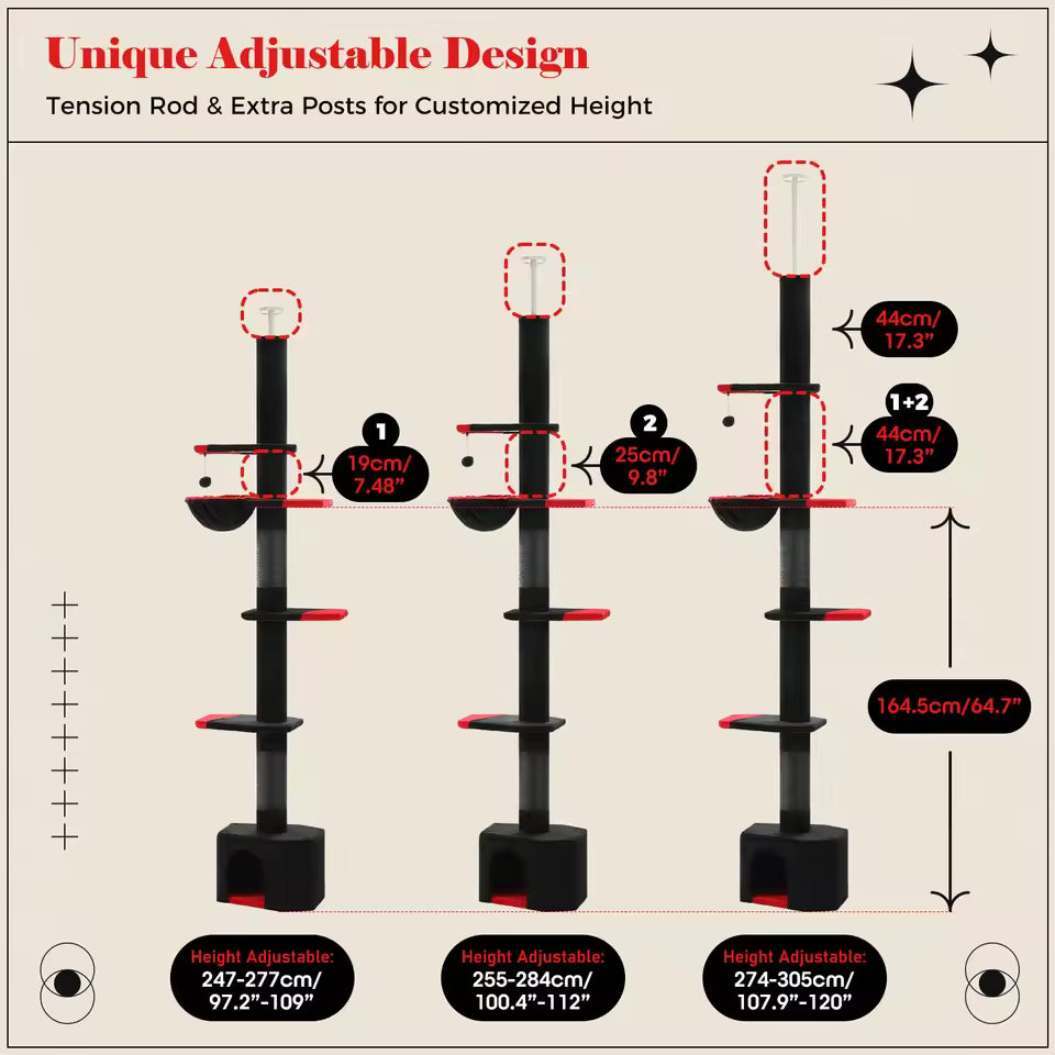 5-Tier Gothic Cat Tower - Adjustable Height with Condo, Cozy Hammock and Scratching Posts