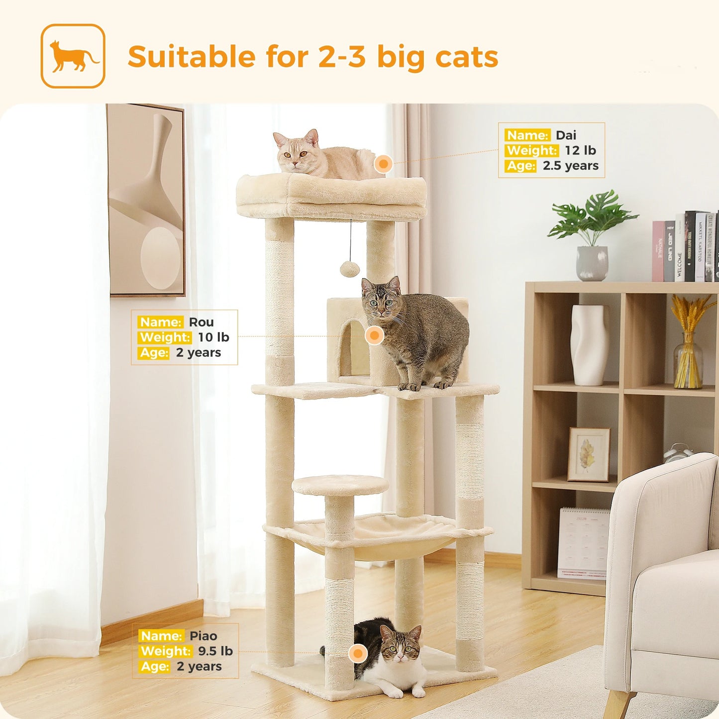 138cm Multi-Level Wooden Cat Tree with Condo and Scratching Posts