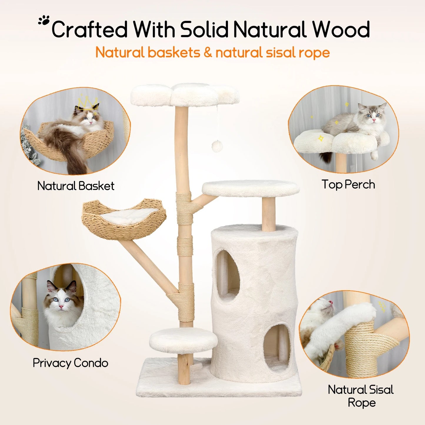 142cm Large Solid Natural Wood Cat Tree with Condo and Scratching Post