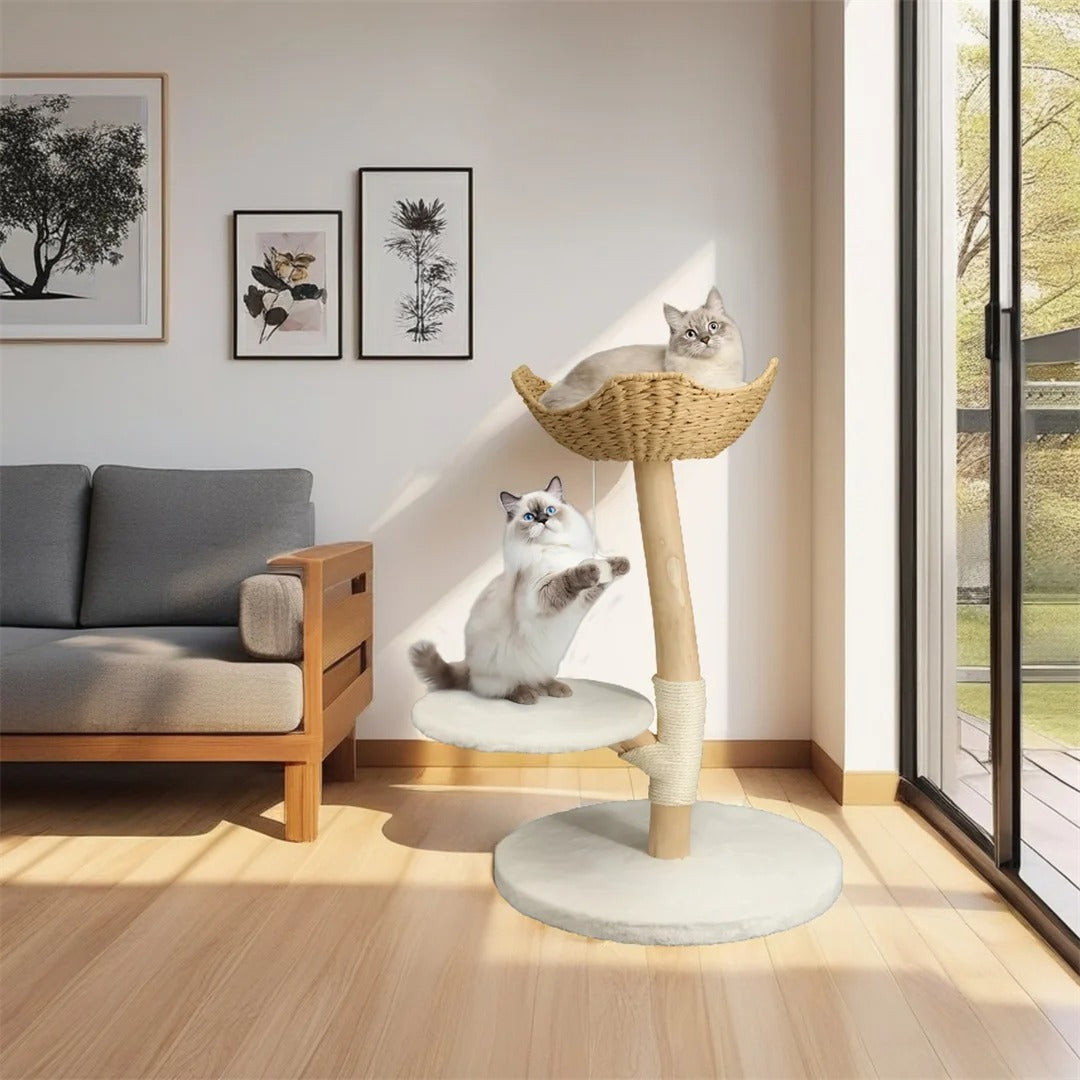 91cm Modern Solid Wood Cat Tree with Sisal Scratching Post, Cozy Beds and Toy Ball.