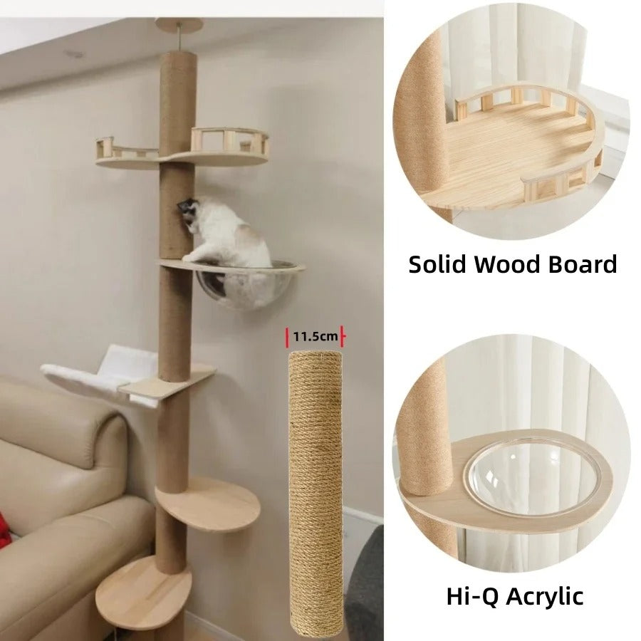 Adjustable Floor-to-Ceiling Tall Cat Tree Tower, Multi-Level Condo with Scratching Post & Hammock, 250–270cm