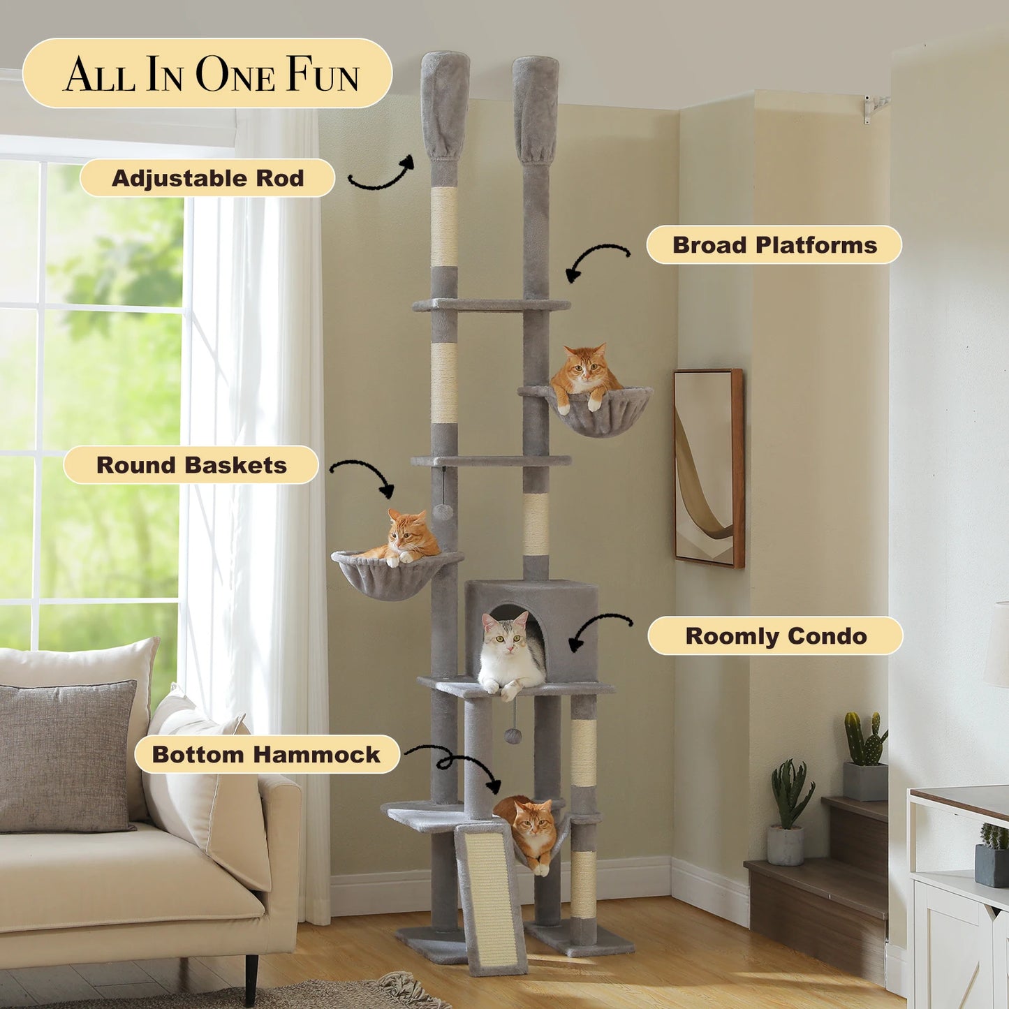 Adjustable 216-285cm Cactus-Themed High Cat Tower with Condo and Hammock