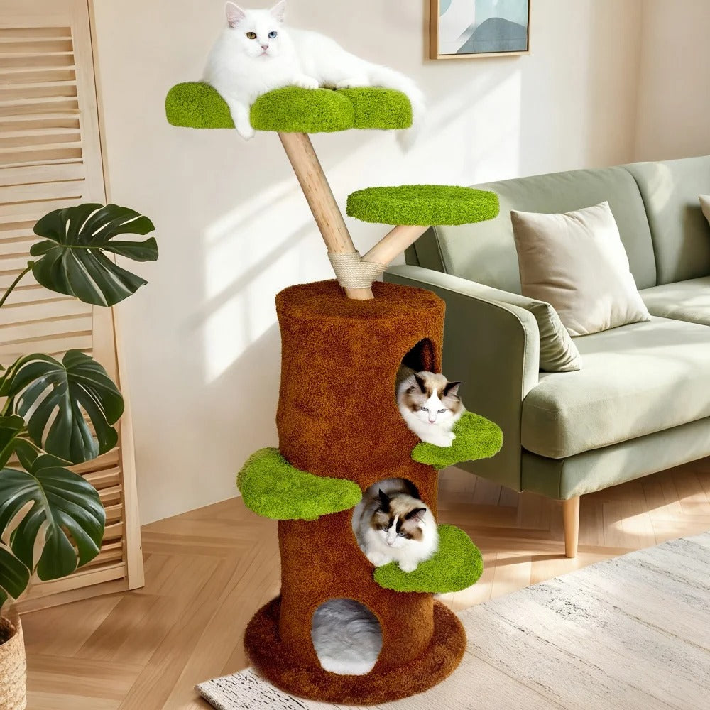 148cm Solid Wood Tall Cat Tree, Large Cozy Condo with Plush Stairs and Sisal Scratching Posts