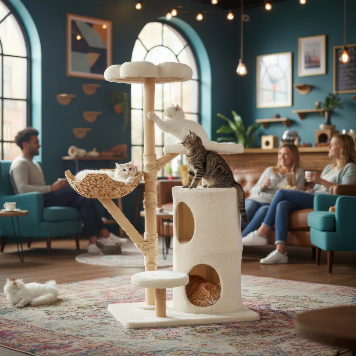 142cm Large Solid Natural Wood Cat Tree with Condo and Scratching Post