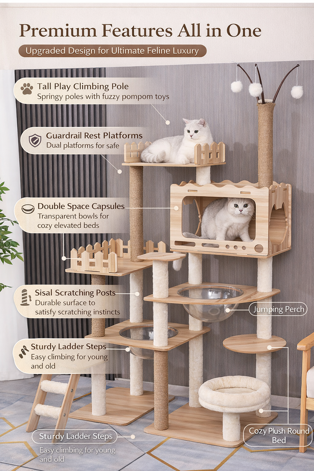 Modern Wooden 9-Level Luxury Cat Tree Castle with Guardrails, Capsules & Scratching Posts, 76 - 180cm