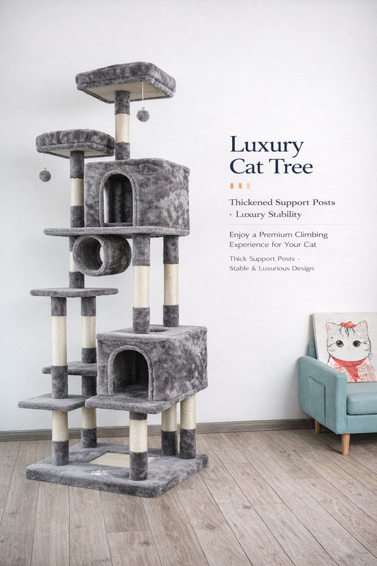 206cm Extra Large Cat Tree Tower with Multiple Condos, Tunnel, Hammock, Grooming Brush & Sisal Posts
