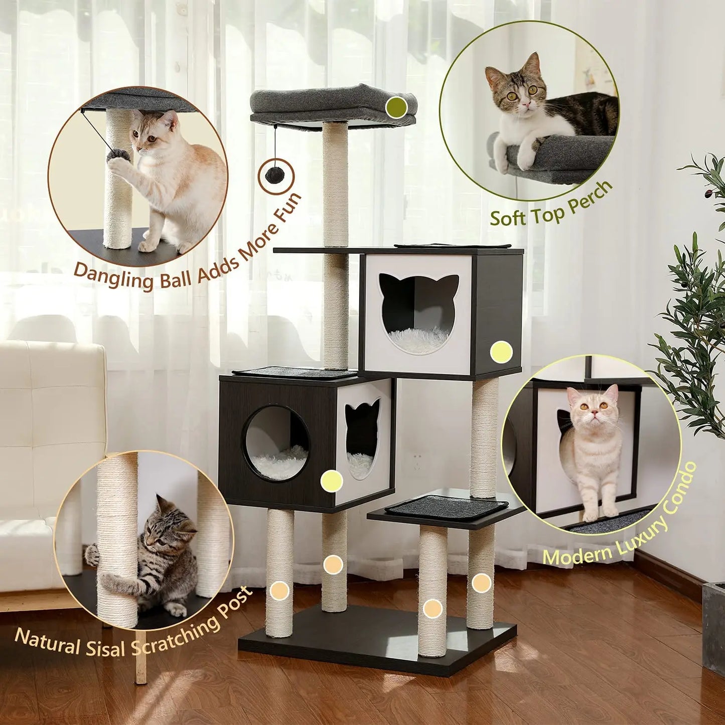 147cm Chic & Modern Cat Tree - Elegant Design with Playful Features