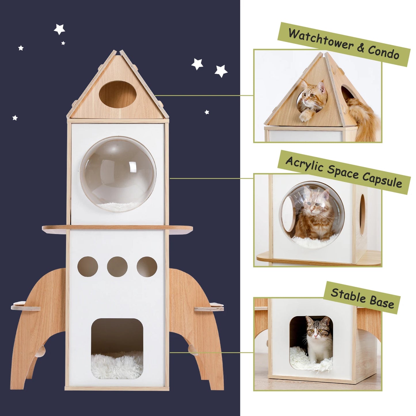 137cm Wooden Rocket Cat Tree with Sisal Scratching Posts and Cozy Condos