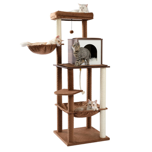 130cm Wooden Cat Tower with Play Tunnel & Scratching Posts - Ultimate Activity Condo