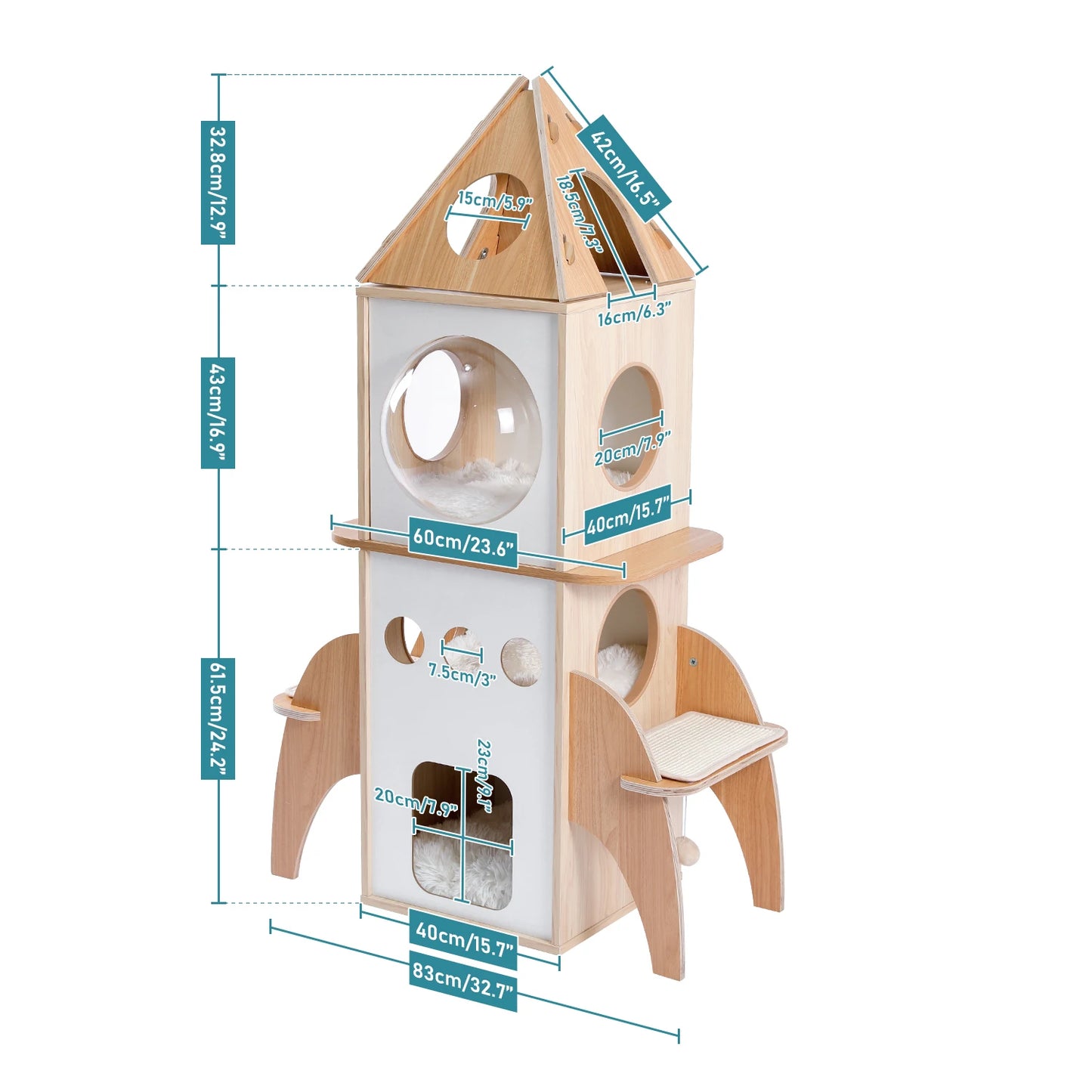 137cm Wooden Rocket Cat Tree with Sisal Scratching Posts and Cozy Condos