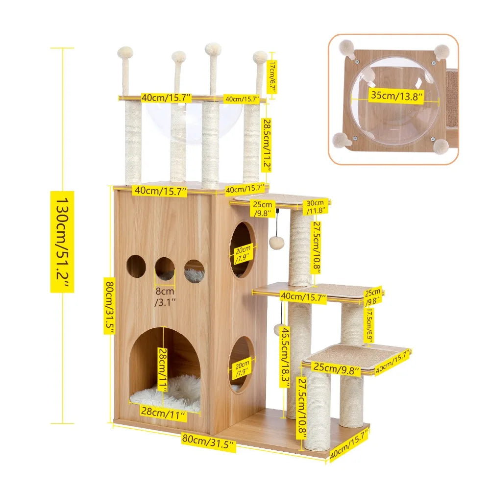 130cm Sky City-Inspired Wooden Cat Tree - Designer Edition with Transparent Capsule