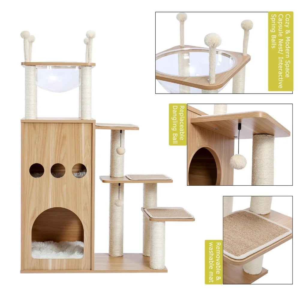 130cm Sky City-Inspired Wooden Cat Tree - Designer Edition with Transparent Capsule
