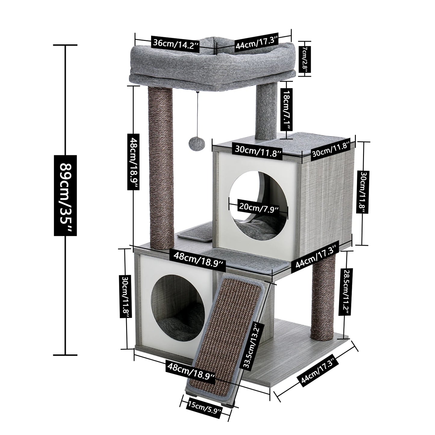 89cm Dual-Material Cat Tower with Tunnel and Activity Center