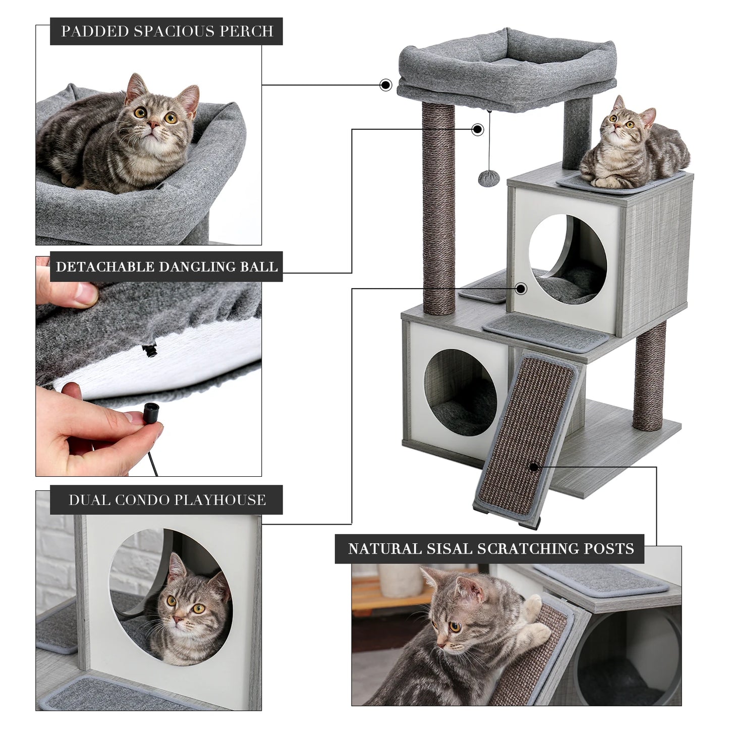 89cm Dual-Material Cat Tower with Tunnel and Activity Center