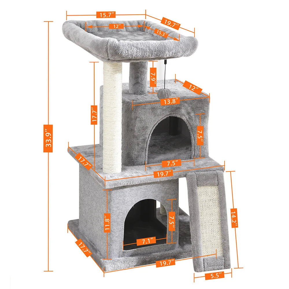 89cm Dual-Material Cat Tower with Tunnel and Activity Center