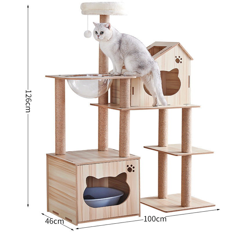 Modern Wooden 9-Level Luxury Cat Tree Castle with Guardrails, Capsules & Scratching Posts, 76 - 180cm