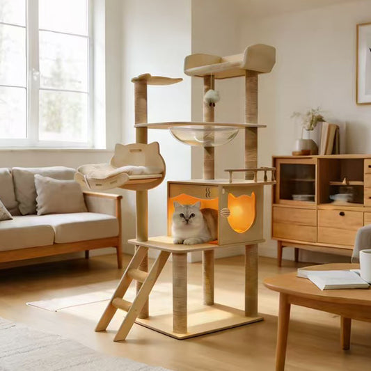 Luxury Cat Castle Tree with Elevated Lounges, Capsule Bed & Scratching Posts, 140-155cm