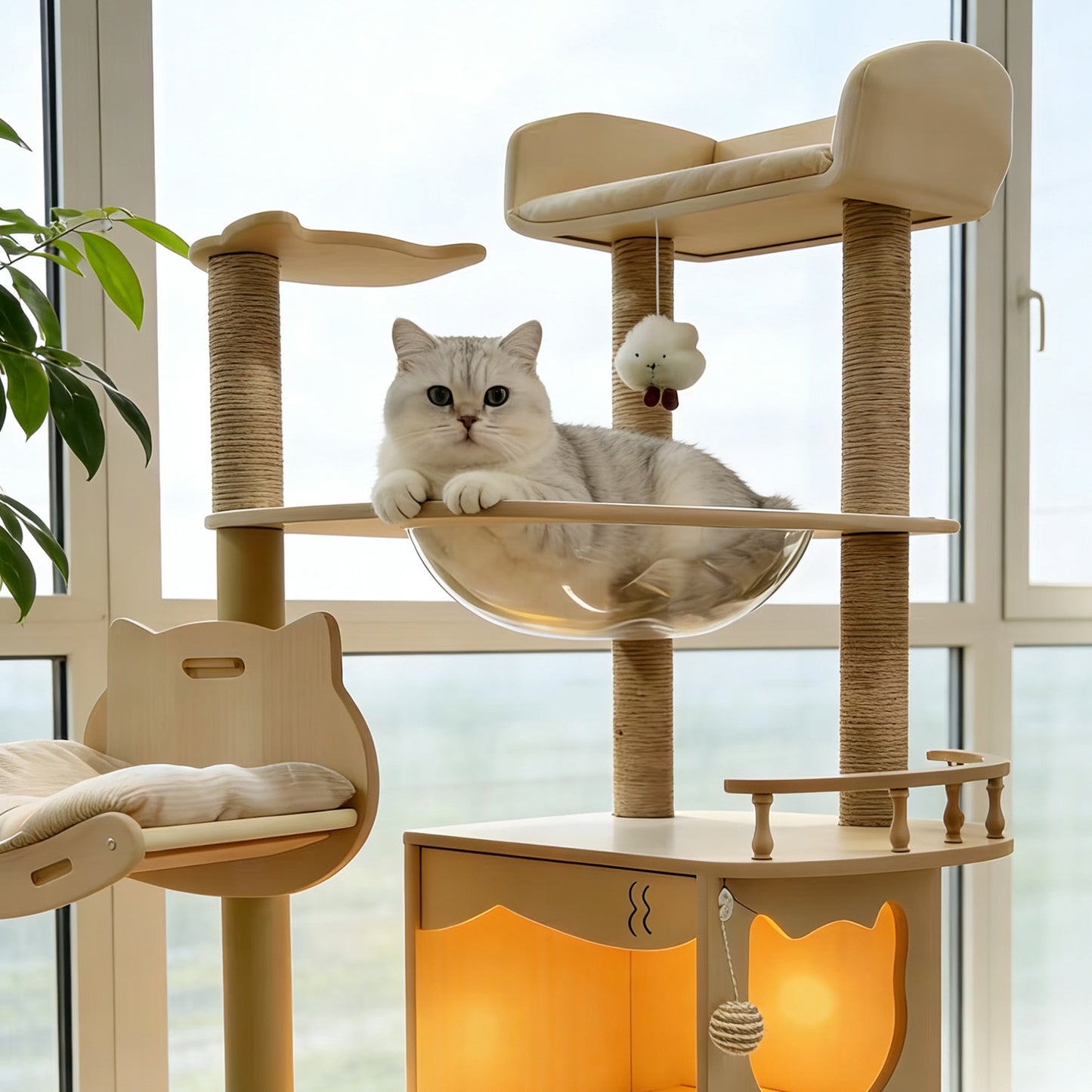 Luxury Cat Castle Tree with Elevated Lounges, Capsule Bed & Scratching Posts, 140-155cm