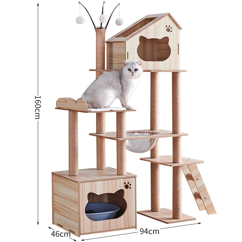 Modern Wooden 9-Level Luxury Cat Tree Castle with Guardrails, Capsules & Scratching Posts, 76 - 180cm