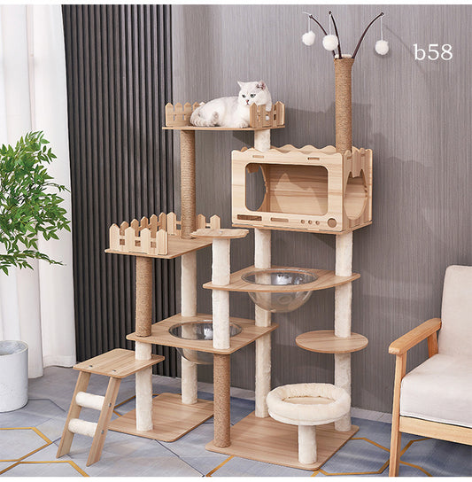 Modern Wooden 9-Level Luxury Cat Tree Castle with Guardrails, Capsules & Scratching Posts, 76 - 180cm