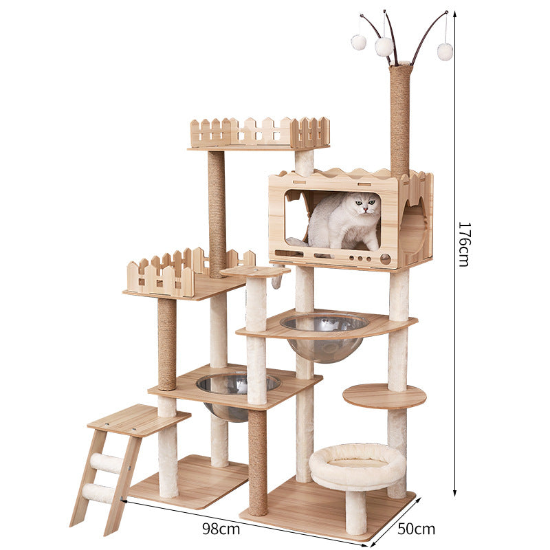 Modern Wooden 9-Level Luxury Cat Tree Castle with Guardrails, Capsules & Scratching Posts, 76 - 180cm