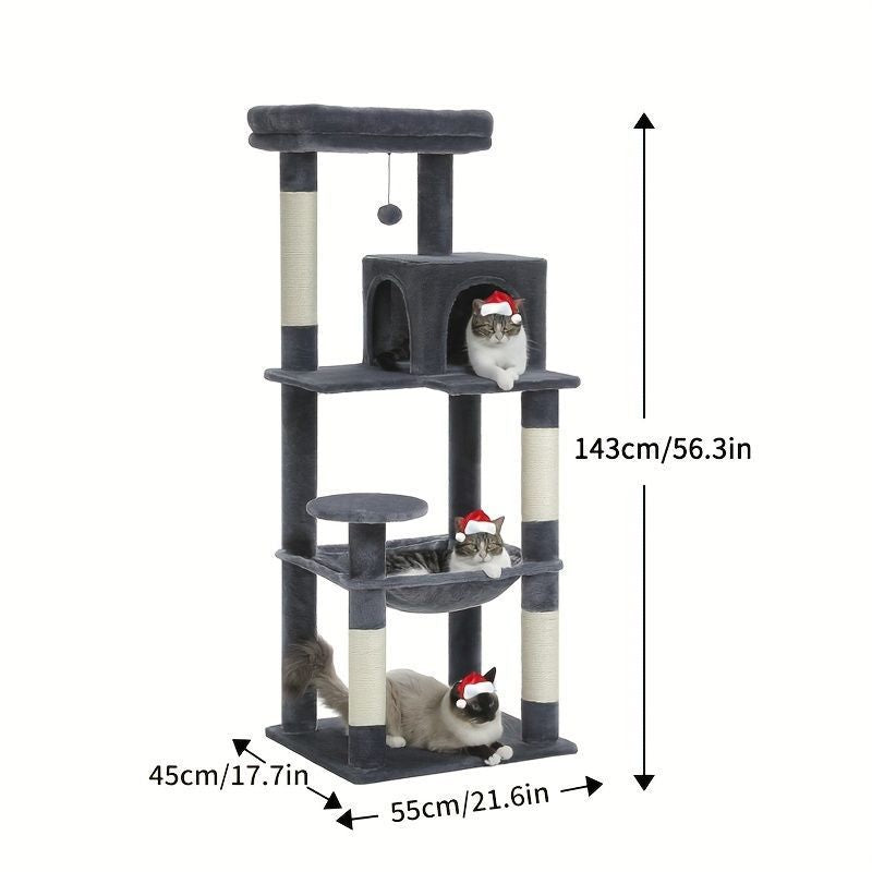 143cm Large Cat Tree with Sisal Scratching Posts, Cozy Condo and Big Hammock