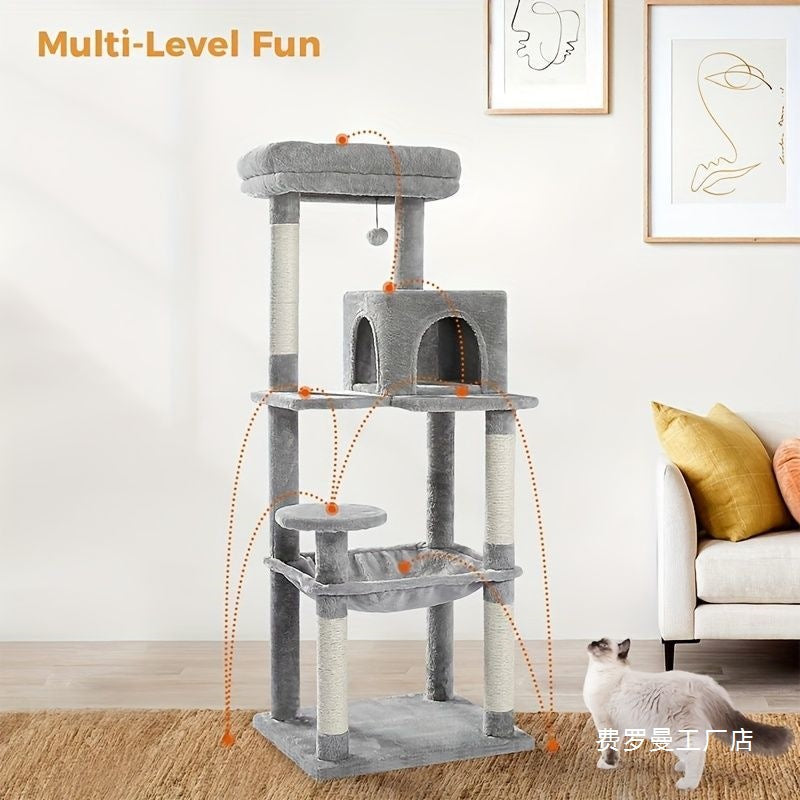 143cm Large Cat Tree with Sisal Scratching Posts, Cozy Condo and Big Hammock