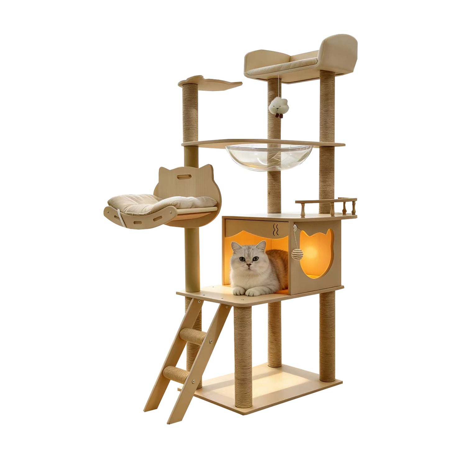 Luxury Cat Castle Tree with Elevated Lounges, Capsule Bed & Scratching Posts, 140-155cm