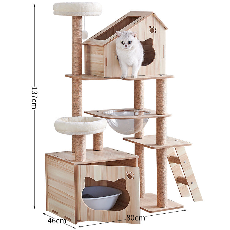 Modern Wooden 9-Level Luxury Cat Tree Castle with Guardrails, Capsules & Scratching Posts, 76 - 180cm