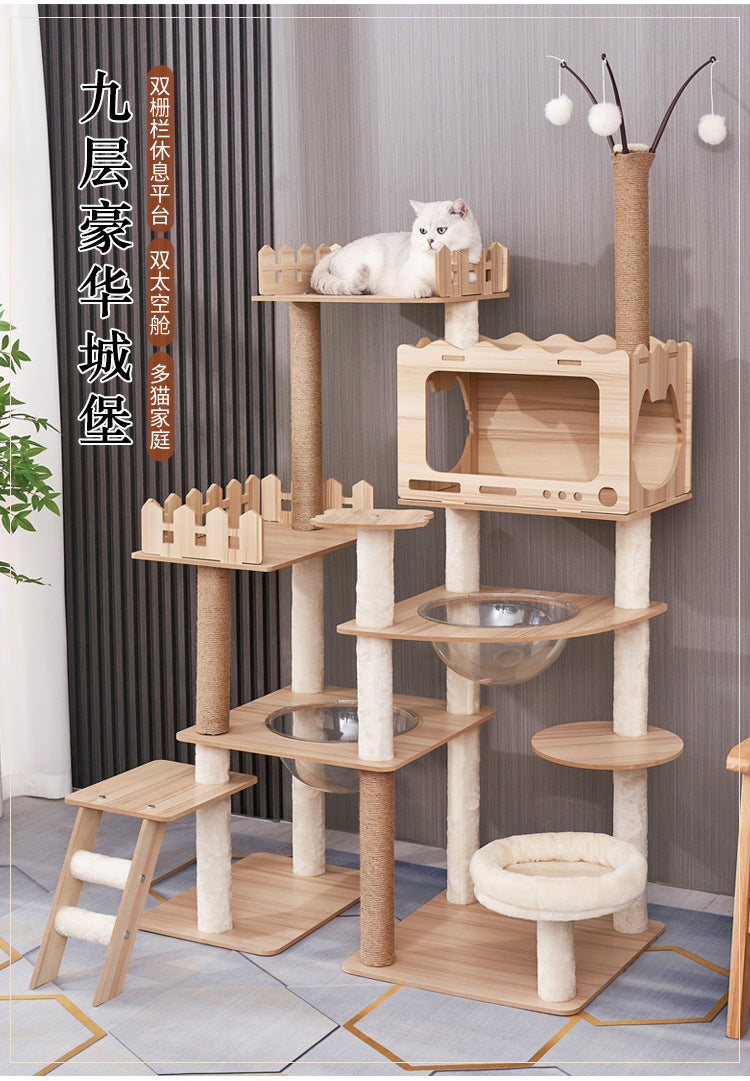 Modern Wooden 9-Level Luxury Cat Tree Castle with Guardrails, Capsules & Scratching Posts, 76 - 180cm