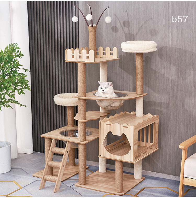 Modern Wooden 9-Level Luxury Cat Tree Castle with Guardrails, Capsules & Scratching Posts, 76 - 180cm