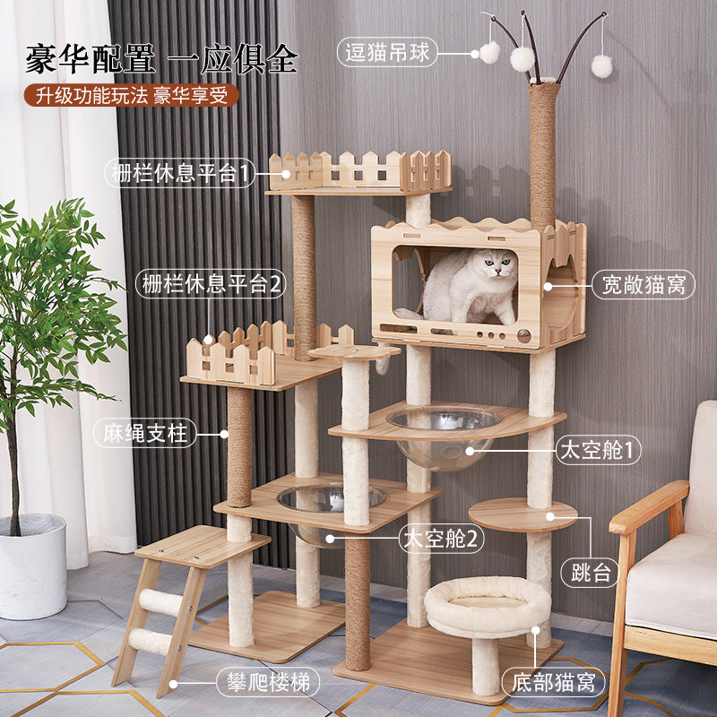 Modern Wooden 9-Level Luxury Cat Tree Castle with Guardrails, Capsules & Scratching Posts, 76 - 180cm