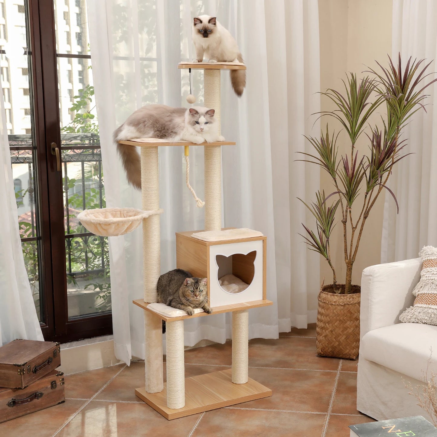 166.5cm Contemporary Wooden Cat Tree with Multi Levels & Scratching Post