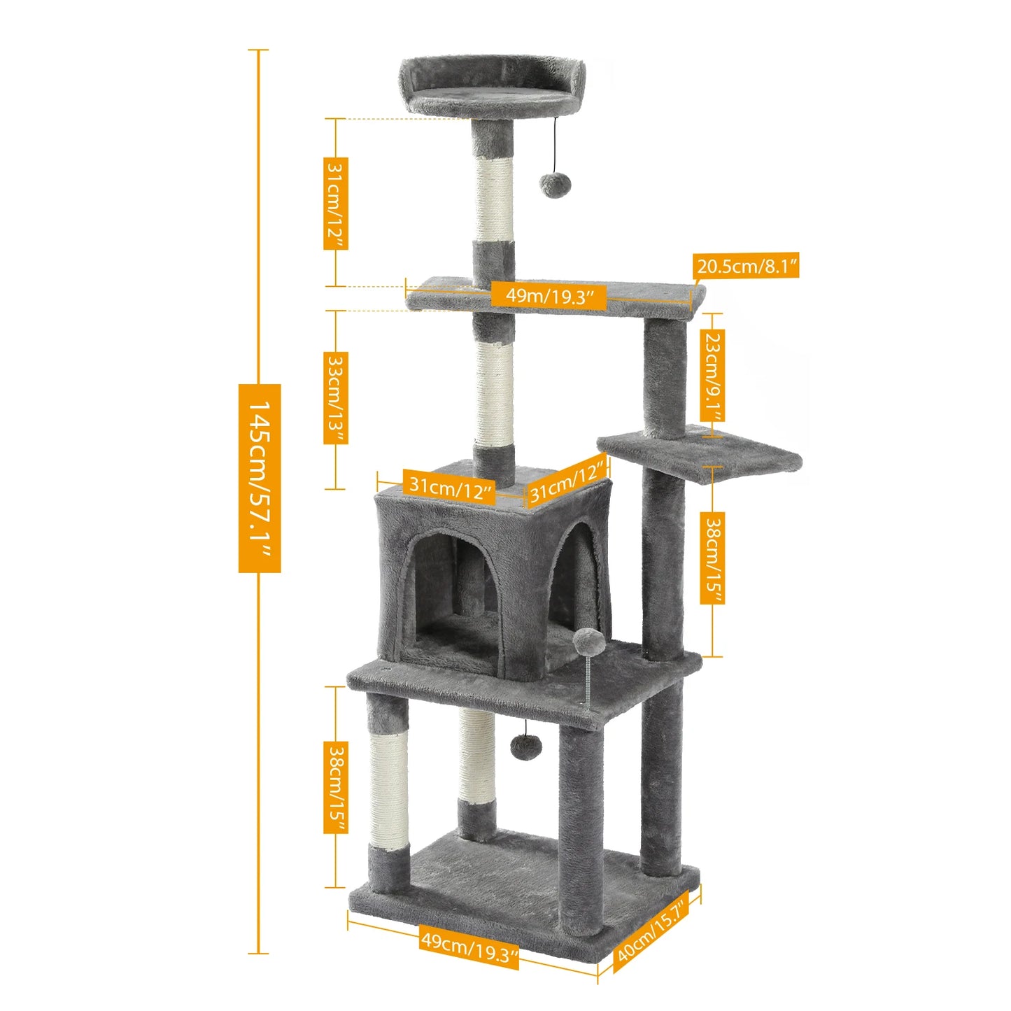 145cm Multi-Level Cat Climbing Tree with Scratching Posts & Play Features