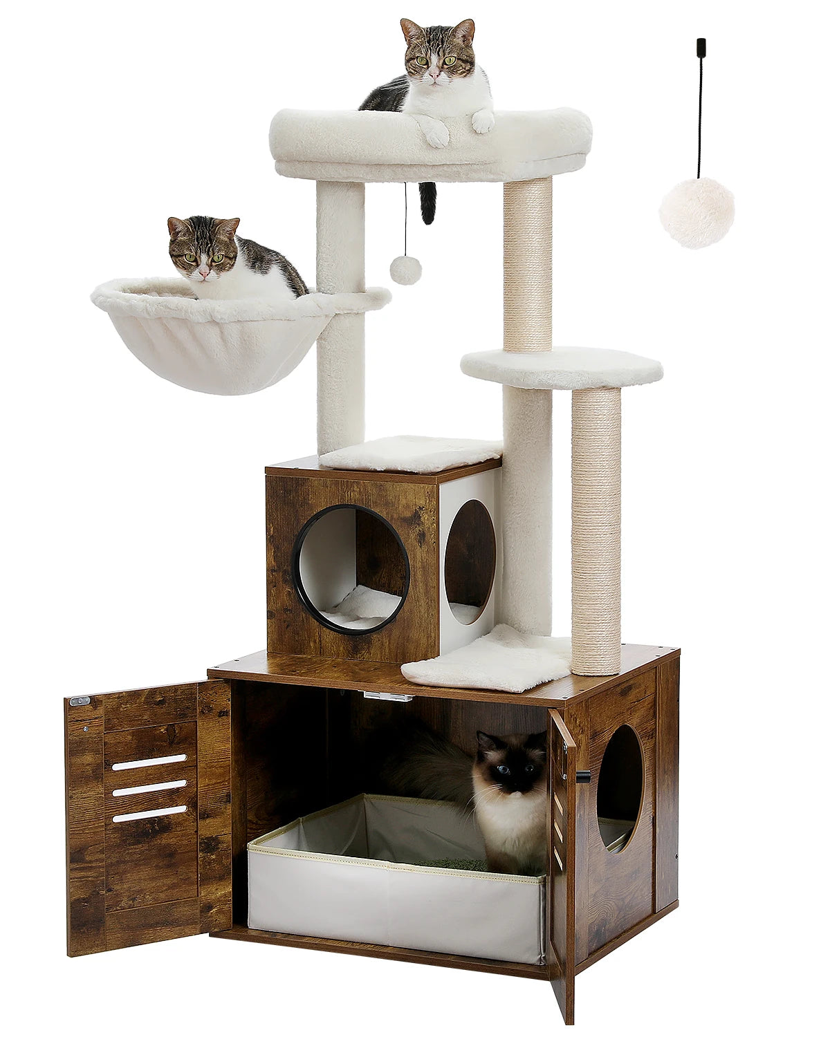 127CM Contemporary Cat Tree with Integrated Cabinet - Solid Wood Litter Box Enclosure & Spacious Hammock