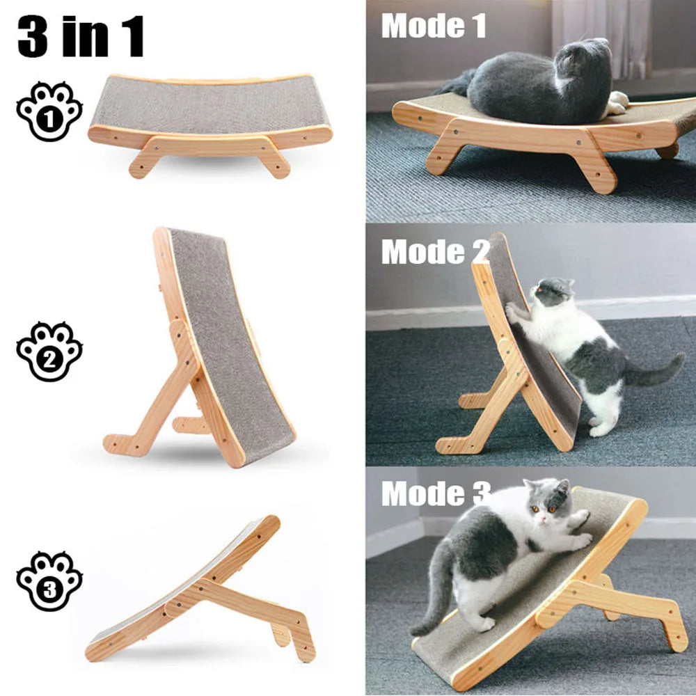 3-in-1 Wooden Cat Scratch Board and Lounge Bed - Versatile Cat Scratcher