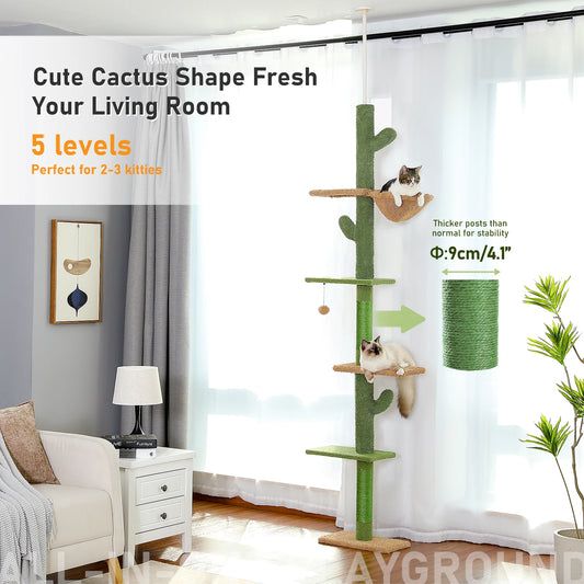 Adjustable 239-275cm Cactus-Themed Cat Climbing Tower with Scratching Posts