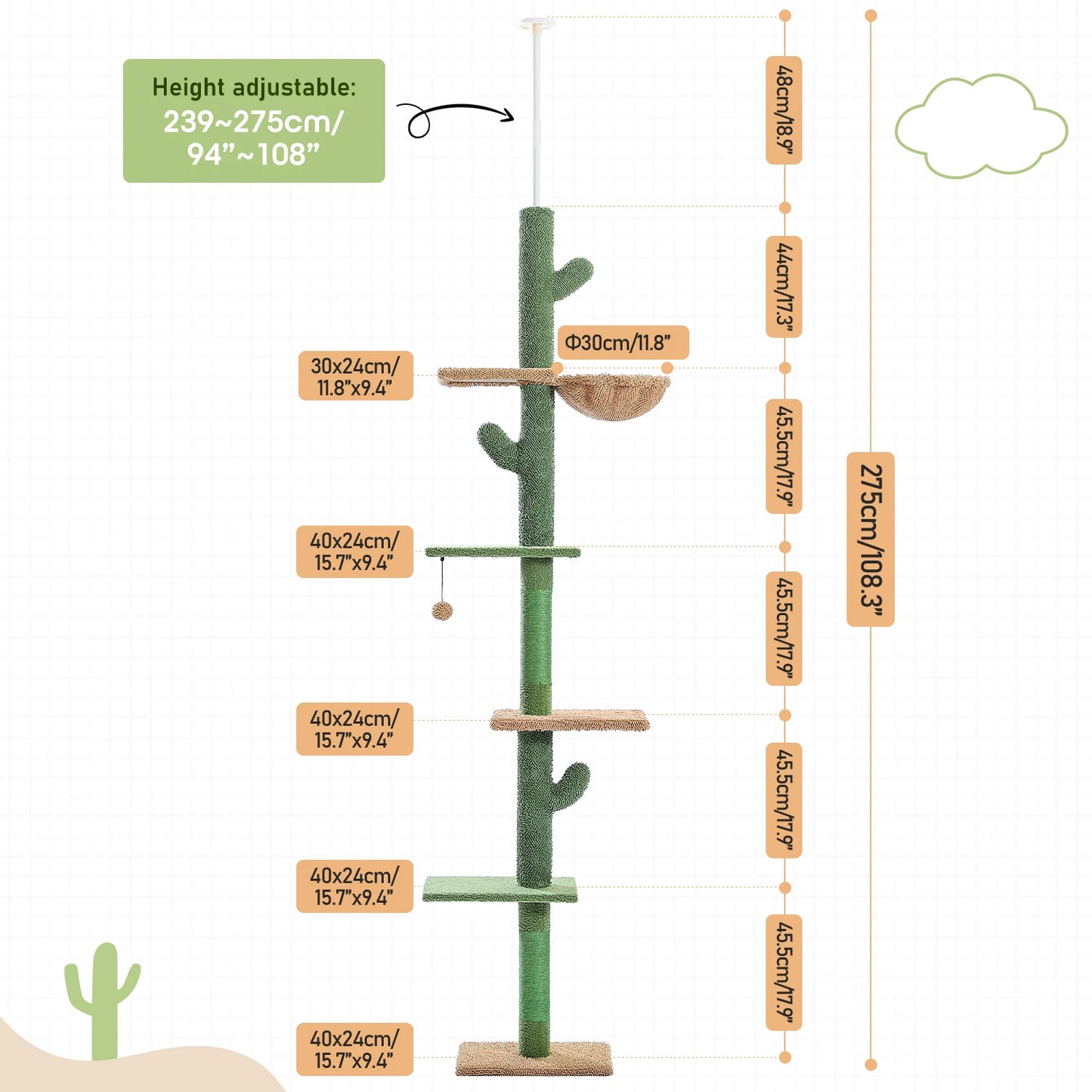 Adjustable 239-275cm Cactus-Themed Cat Climbing Tower with Scratching Posts