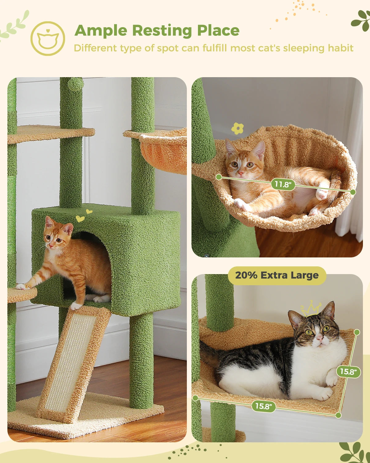 Adjustable 230-252cm Cactus-Themed Cat Tree with Multiple Features