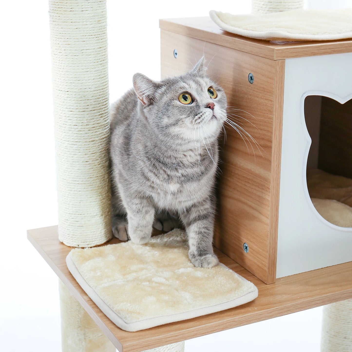 166.5cm Contemporary Wooden Cat Tree with Multi Levels & Scratching Post