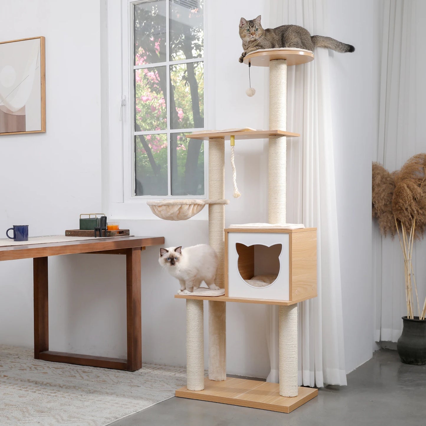 166.5cm Contemporary Wooden Cat Tree with Multi Levels & Scratching Post