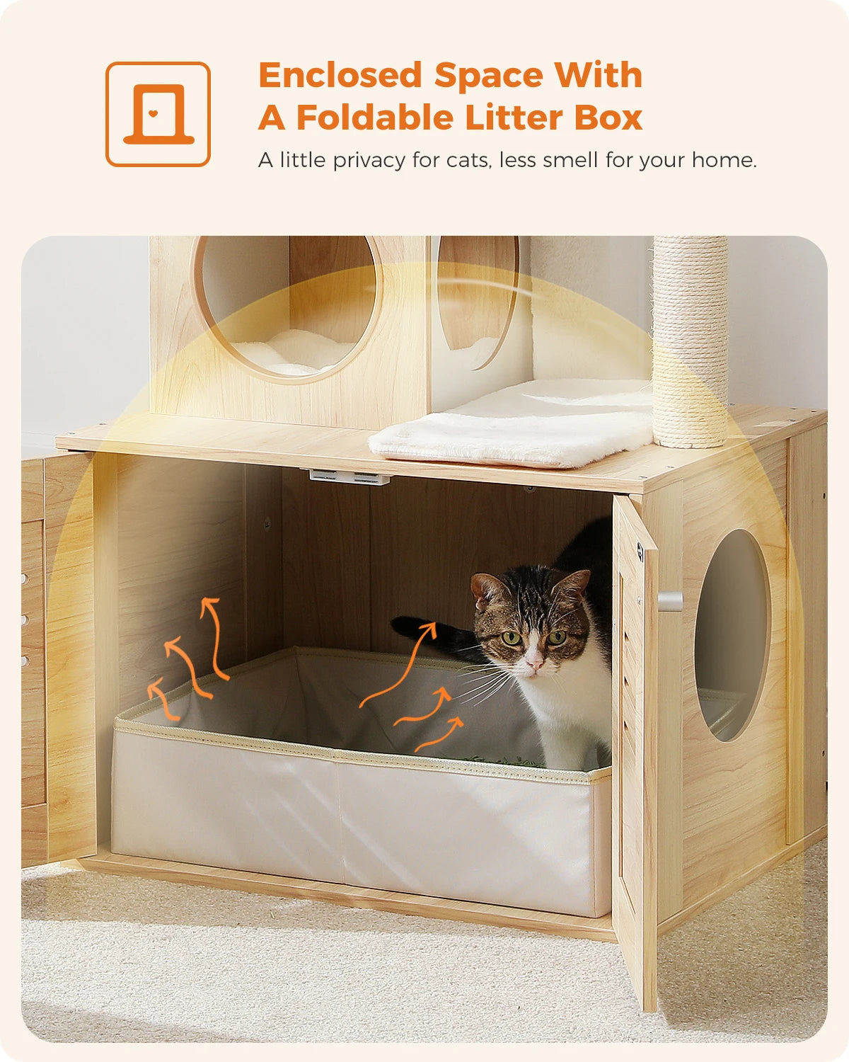 127CM Contemporary Cat Tree with Integrated Cabinet - Solid Wood Litter Box Enclosure & Spacious Hammock