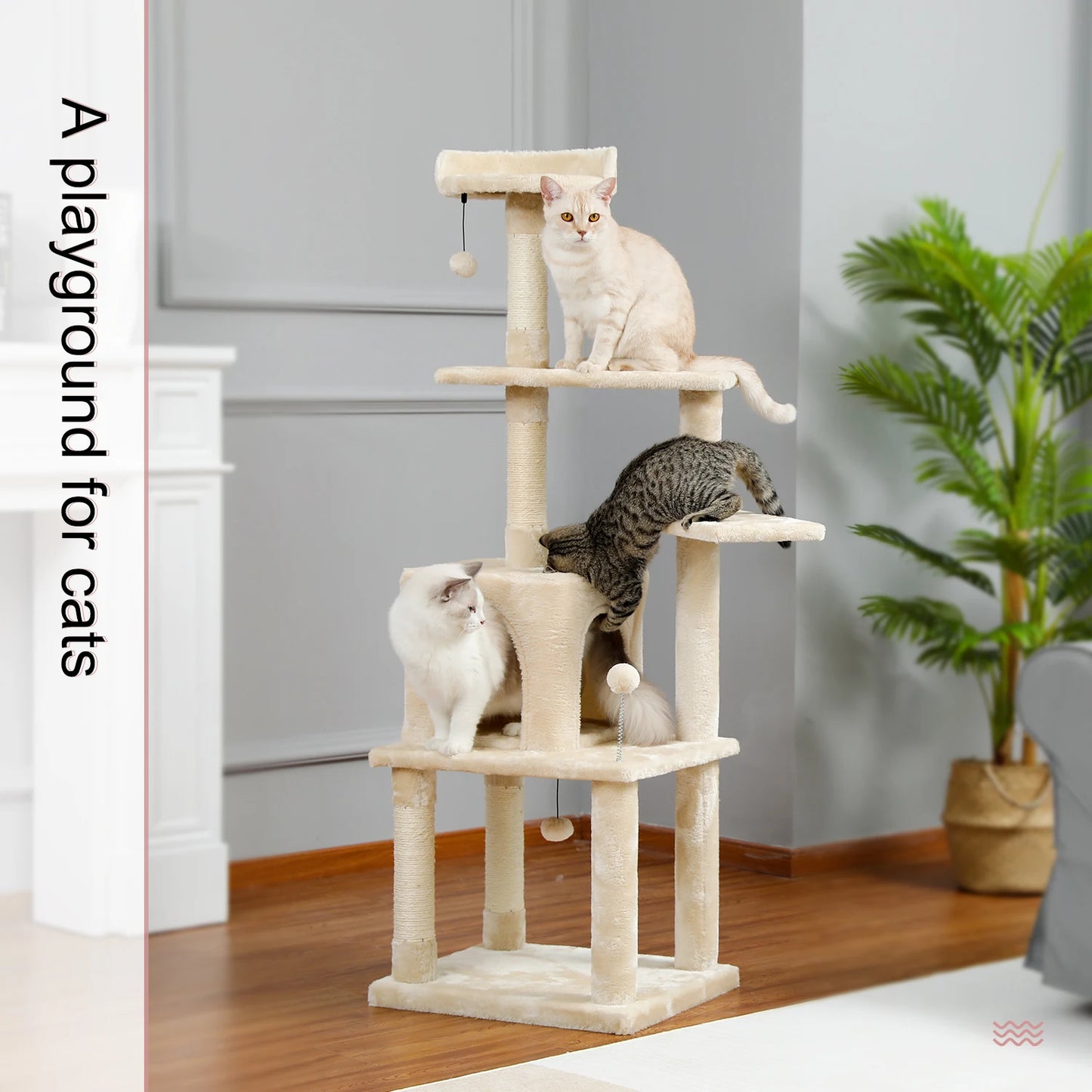 145cm Multi-Level Cat Climbing Tree with Scratching Posts & Play Features